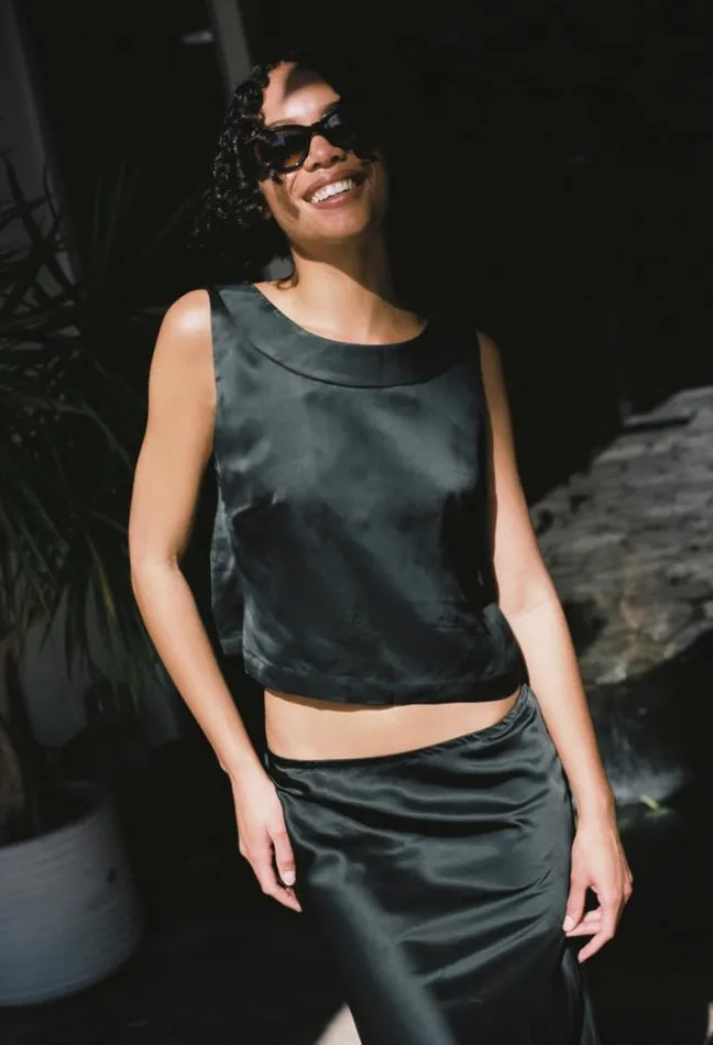 Ciao Lucia Claudine Black Sleeveless Satin Top Women Sleeveless Tops
