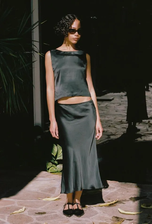 Ciao Lucia Claudine Black Sleeveless Satin Top Women Sleeveless Tops