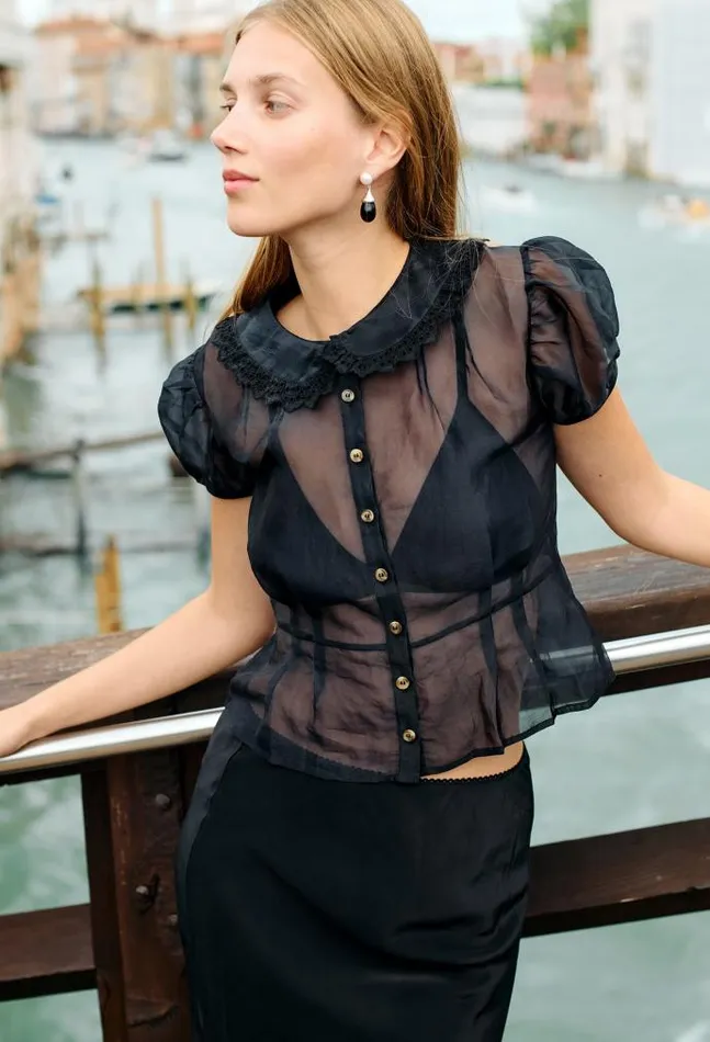 Ciao Lucia Yvonne Sheer Black Organza Top PreOrder Women Short Sleeve Tops