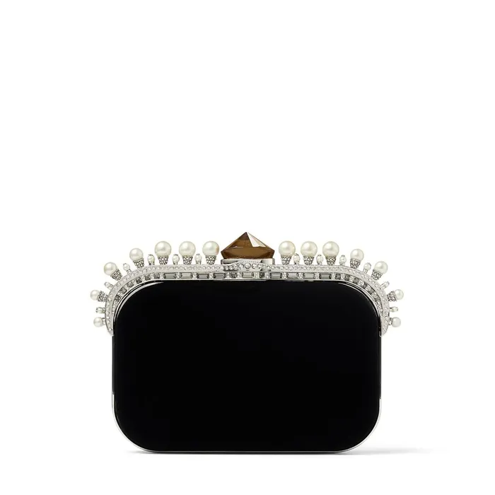 Cloud Black Velvet Clutch Bag With Pearl Crown Black Women JIMMY CHOO Clutch Bags