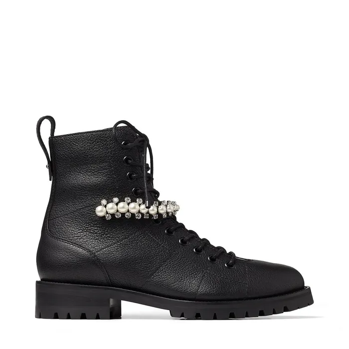 Cruz Flat Black Grained Leather Combat Boots With Crystal And Pearl Detailing Blackwhite Women JIMMY CHOO Boots Cruz Flat Black Grained Leather Combat Boots With Crystal And Pearl Detailing Blackwhite Women JIMMY CHOO Boots