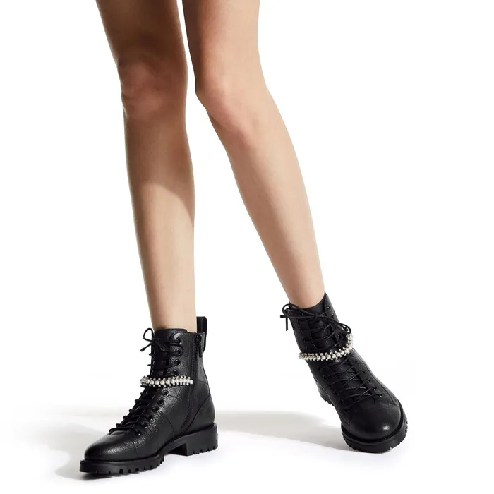 Cruz Flat Black Grained Leather Combat Boots With Crystal And Pearl Detailing Blackwhite Women JIMMY CHOO Boots