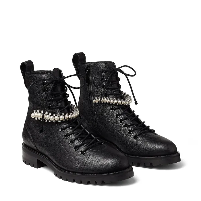 Cruz Flat Black Grained Leather Combat Boots With Crystal And Pearl Detailing Blackwhite Women JIMMY CHOO Boots