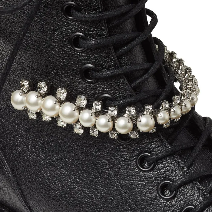 Cruz Flat Black Grained Leather Combat Boots With Crystal And Pearl Detailing Blackwhite Women JIMMY CHOO Boots