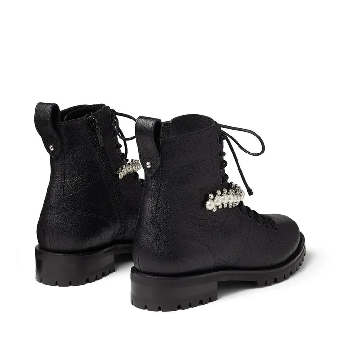 Cruz Flat Black Grained Leather Combat Boots With Crystal And Pearl Detailing Blackwhite Women JIMMY CHOO Boots
