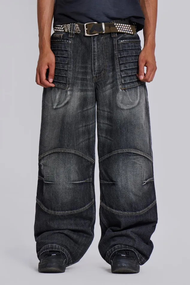Denim Men Jaded London Washed Black Biker Colossus Jeans