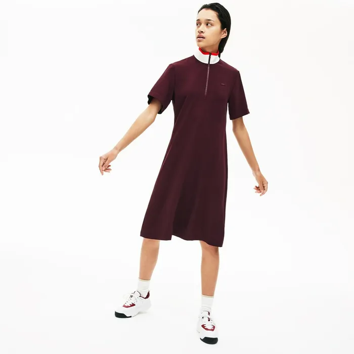 Dresses and Skirts Lacoste Womens Flared ZipUp Polo Dress BordeauxWhiteRed Online Dresses and Skirts Lacoste Womens Flared ZipUp Polo Dress BordeauxWhiteRed Online