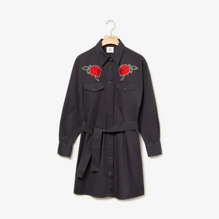 Dresses and Skirts Lacoste Womens LIVE RoseEmbroidered Cotton Shirtdress Dark Grey Near Me