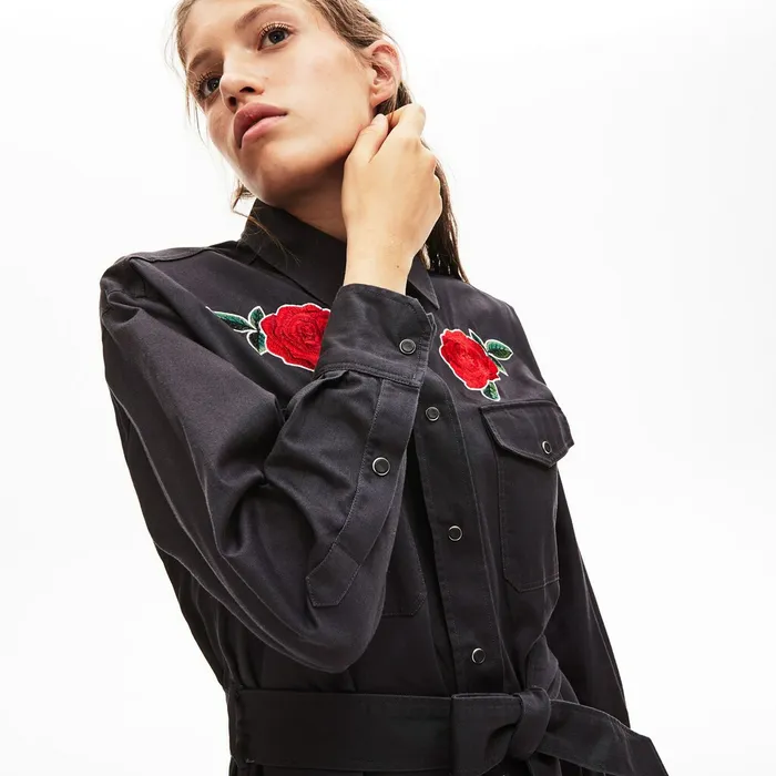 Dresses and Skirts Lacoste Womens LIVE RoseEmbroidered Cotton Shirtdress Dark Grey Near Me