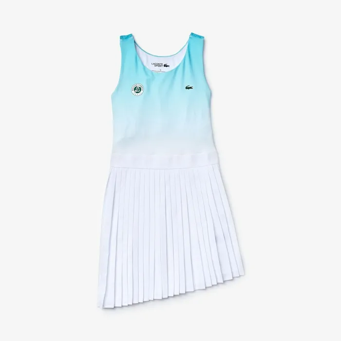 Dresses and Skirts Lacoste Womens SPORT Roland Garros Asymmetrical Pleated Dress TurquoiseWhiteGreen Cheap On Sale