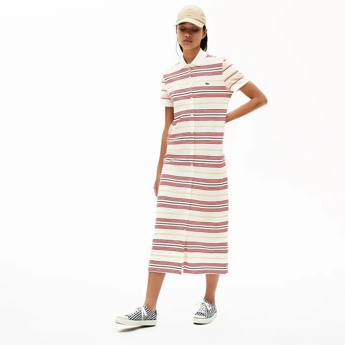 Dresses and Skirts Lacoste Womens Striped Cotton Buttoned Polo Dress WhiteRedYellowNavy BlueLight Pink Near Me