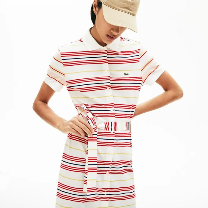 Dresses and Skirts Lacoste Womens Striped Cotton Buttoned Polo Dress WhiteRedYellowNavy BlueLight Pink Near Me
