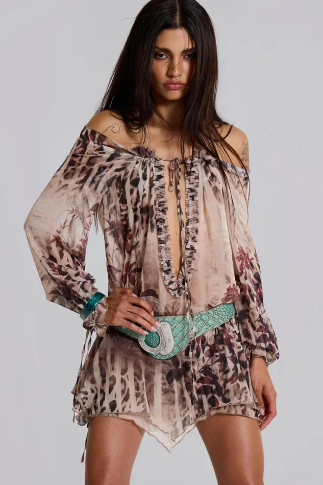 Dresses Women Jaded London Shop Lorenza Sheer Bardot Dress In Oza