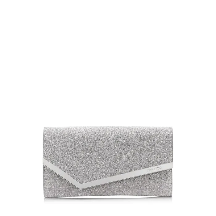 Emmie Silver Fine Glitter Leather Clutch Bag Silver Women JIMMY CHOO Clutch Bags