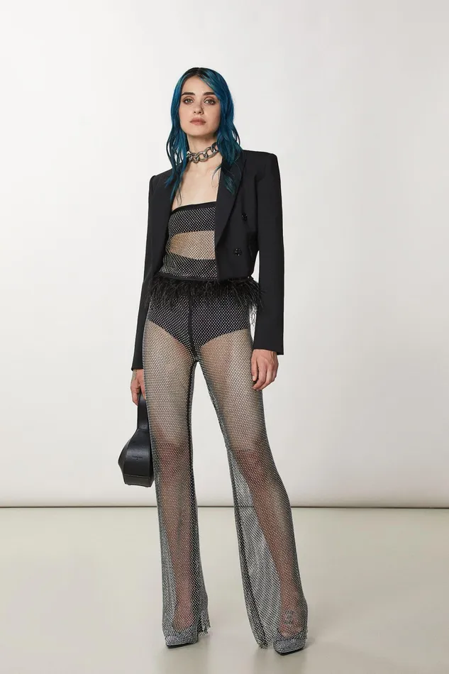 Flared Women Patrizia Pepe Mesh Pants With Rhinestones Nero