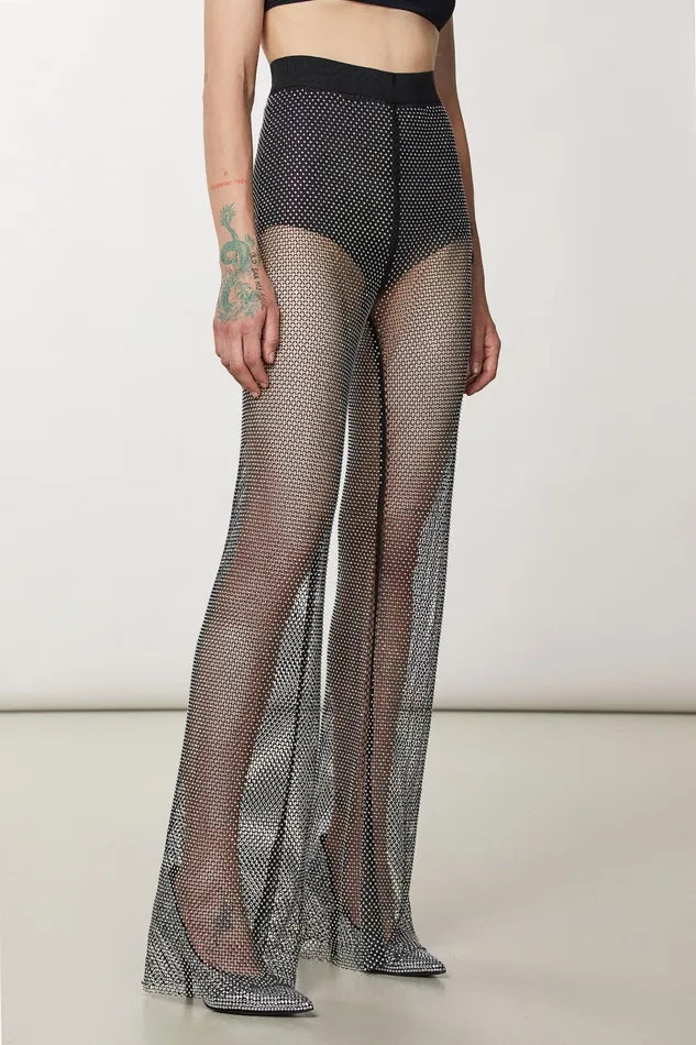 Flared Women Patrizia Pepe Mesh Pants With Rhinestones Nero