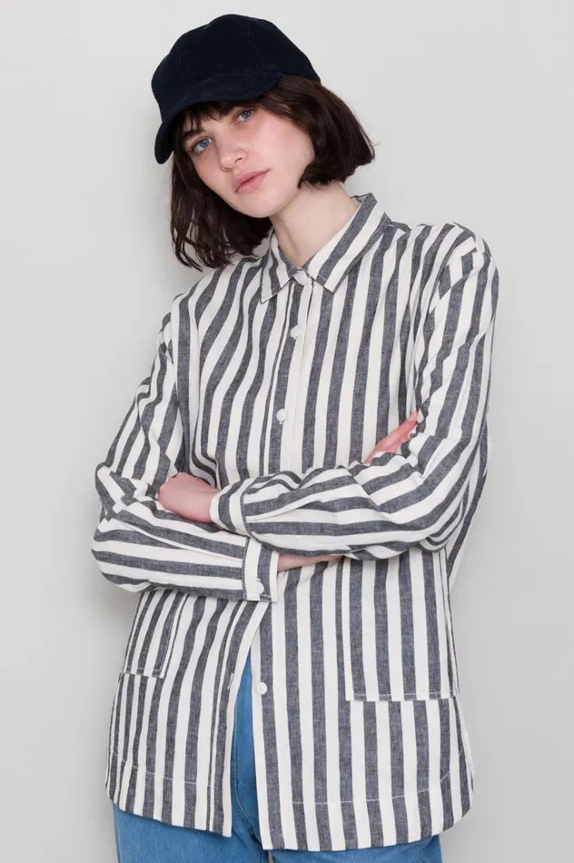 Folk Clothing Boyfriend Shirt 8211 Coal Ecru Stripe Womens Shirting