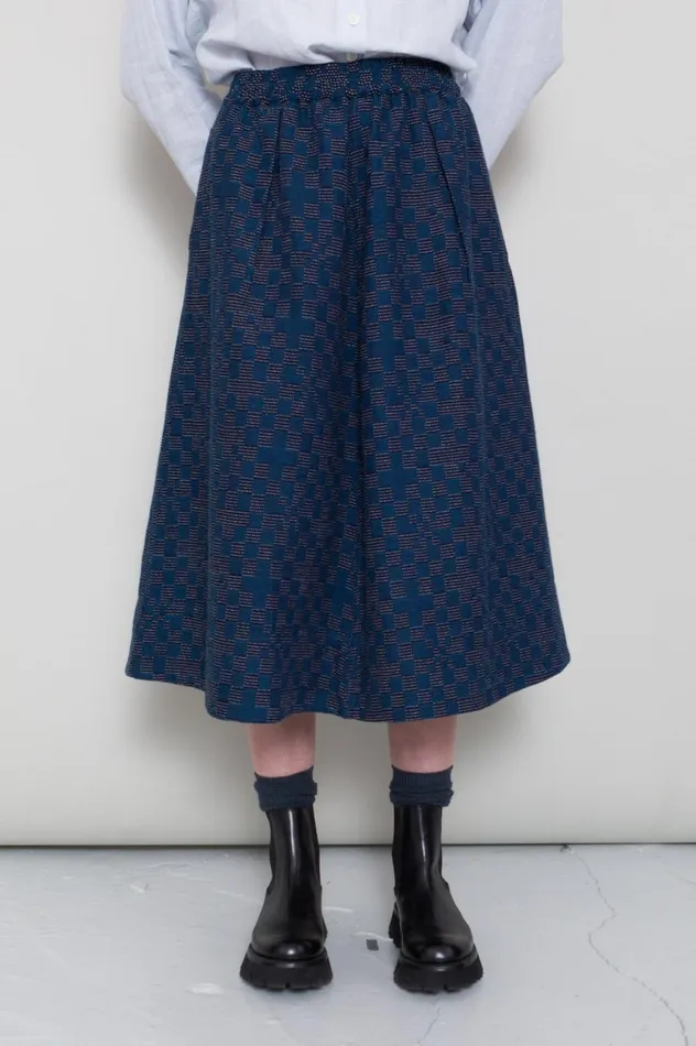 Folk Clothing Full Seam Skirt 8211 Indigo Broken Checkerboard Womens Skirts and Dresses