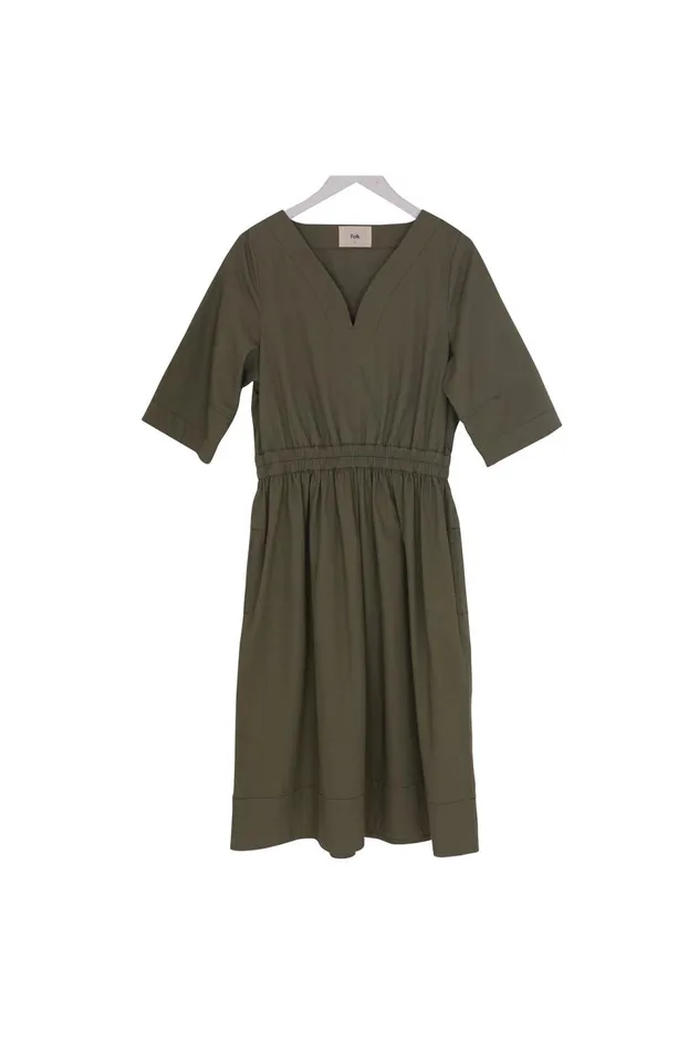 Folk Clothing Gathered Dress 8211 Olive Twill Womens Skirts and Dresses