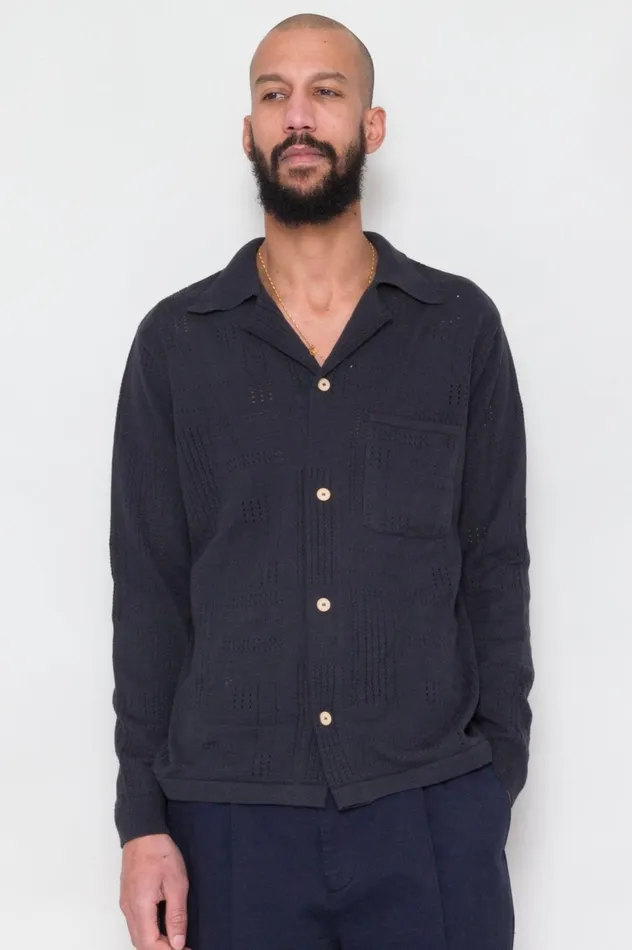 Folk Clothing Knitted Shirt 8211 Soft Black Mens Shirts