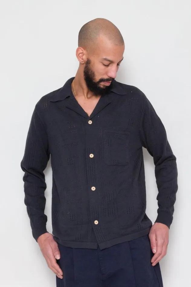 Folk Clothing Knitted Shirt 8211 Soft Black Mens Shirts