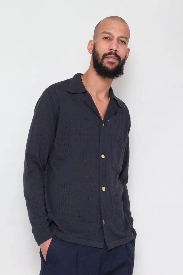 Folk Clothing Knitted Shirt 8211 Soft Black Mens Shirts
