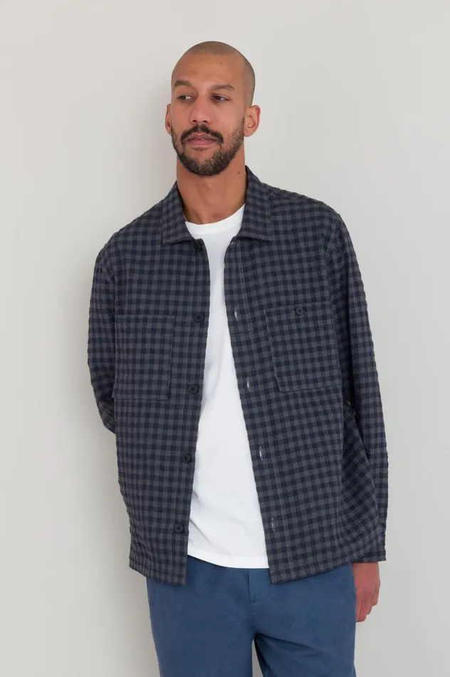 Folk Clothing Patch Overshirt 8211 Navy Crinkle Check Mens Shirts