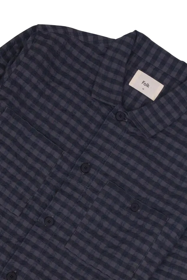 Folk Clothing Patch Overshirt 8211 Navy Crinkle Check Mens Shirts
