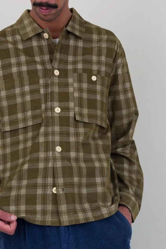 Folk Clothing Patch Overshirt 8211 Olive Check Cord Mens Shirts