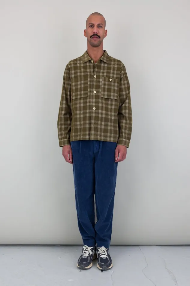 Folk Clothing Patch Overshirt 8211 Olive Check Cord Mens Shirts