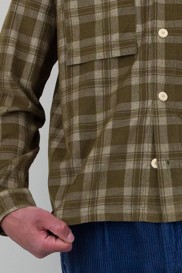 Folk Clothing Patch Overshirt 8211 Olive Check Cord Mens Shirts