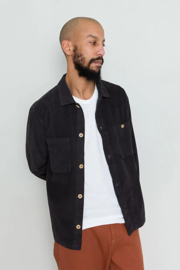 Folk Clothing Patch Overshirt 8211 Soft Black Heavy Cord Mens Shirts