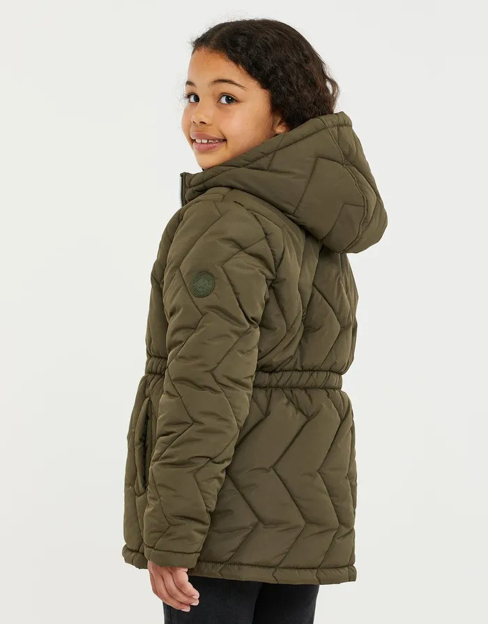 Girls Khaki Quilted Hooded Jacket Khaki Threadbare Jackets and Coats