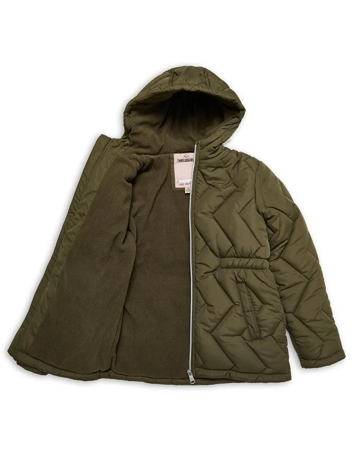 Girls Khaki Quilted Hooded Jacket Khaki Threadbare Jackets and Coats