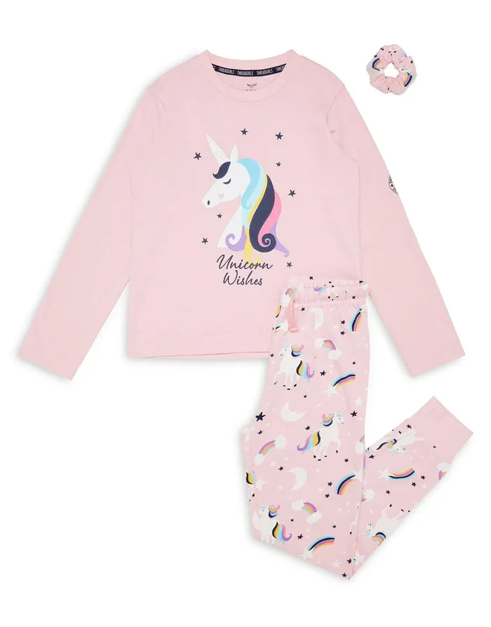 Girls Pink Unicorn Print Long Pyjamas and Scrunchie 3Piece Set Pink Threadbare Pyjamas Girls Pink Unicorn Print Long Pyjamas and Scrunchie 3Piece Set Pink Threadbare Pyjamas