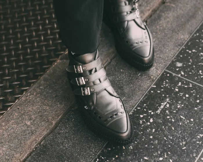 Gunmetal and Black Trim Pointed Buckle Boot Women TUK Shoes Vegan