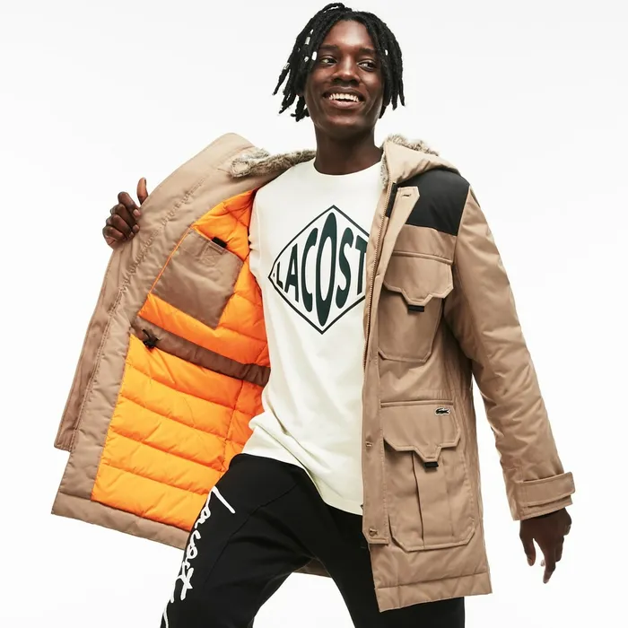 Jackets and Coats Lacoste Mens Unisex LIVE WaterResistant Canvas Quilted Parka BeigeBlack Cheap On Sale