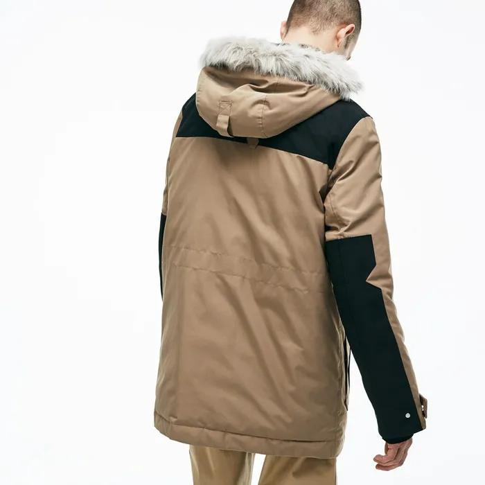 Jackets and Coats Lacoste Mens Unisex LIVE WaterResistant Canvas Quilted Parka BeigeBlack Cheap On Sale