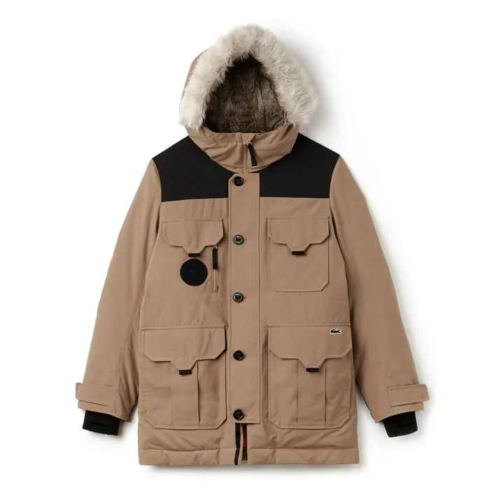 Jackets and Coats Lacoste Mens Unisex LIVE WaterResistant Canvas Quilted Parka BeigeBlack Cheap On Sale