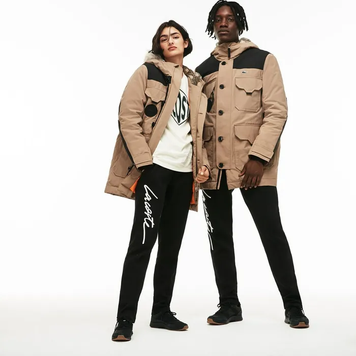 Jackets and Coats Lacoste Mens Unisex LIVE WaterResistant Canvas Quilted Parka BeigeBlack Cheap On Sale