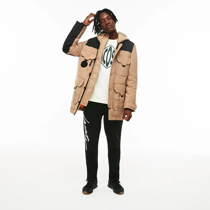 Jackets and Coats Lacoste Mens Unisex LIVE WaterResistant Canvas Quilted Parka BeigeBlack Cheap On Sale