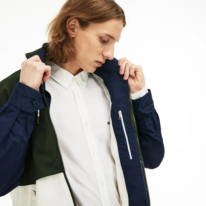 Jackets and Coats Lacoste Mens WaterResistant FullZip Jacket WhiteKhaki GreenNavy Blue Shop Online