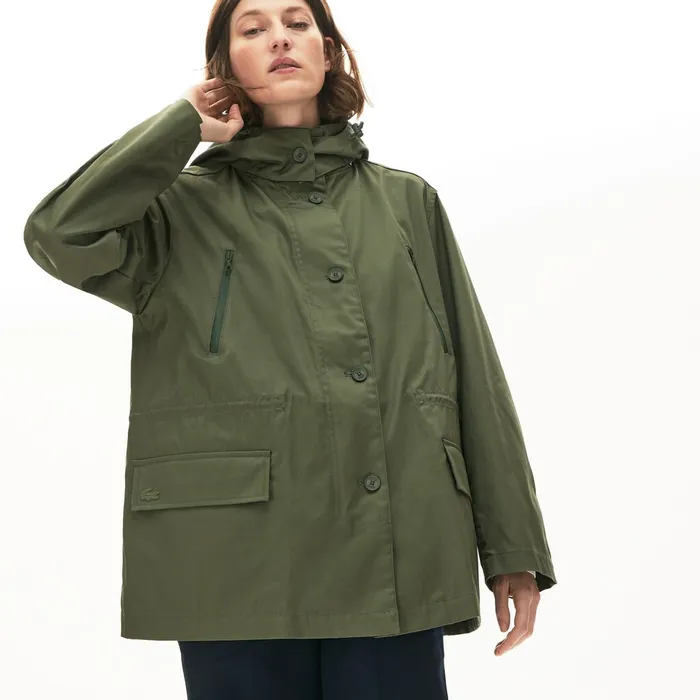 Jackets and Coats Lacoste Womens Flared WaterResistant Parka Khaki Green Shop