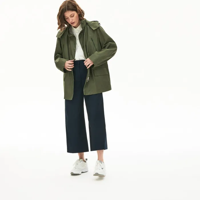 Jackets and Coats Lacoste Womens Flared WaterResistant Parka Khaki Green Shop