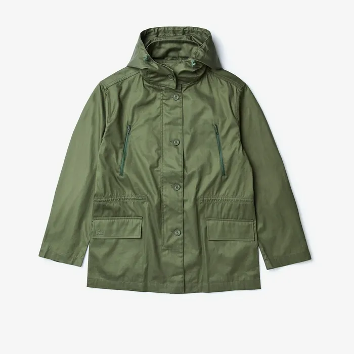 Jackets and Coats Lacoste Womens Flared WaterResistant Parka Khaki Green Shop