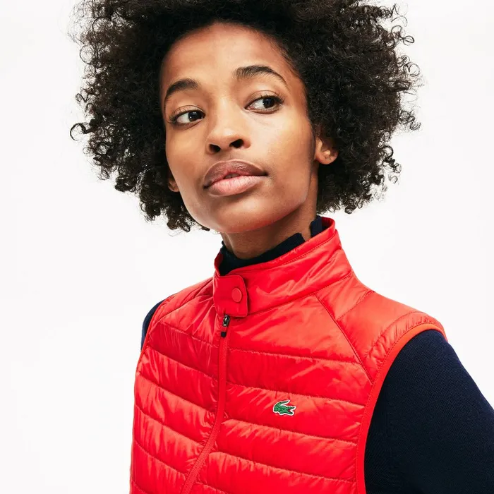 Jackets and Coats Lacoste Womens SPORT WaterResistant Quilted Technical Golf Vest RedNavy Blue Gift for Friend
