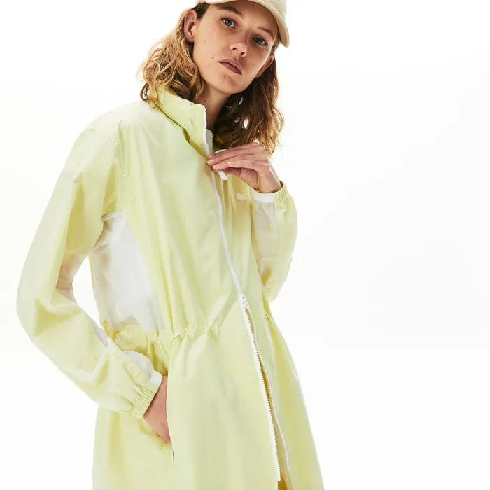 Jackets and Coats Lacoste Womens WaterResistant Long Nylon Parka WhiteFlashy Yellow Online Store