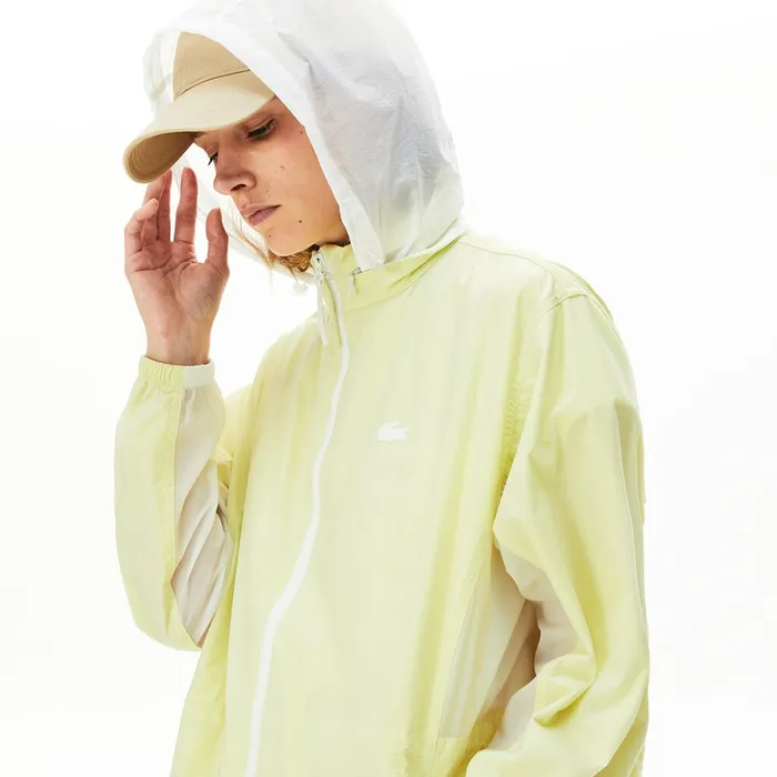 Jackets and Coats Lacoste Womens WaterResistant Long Nylon Parka WhiteFlashy Yellow Online Store