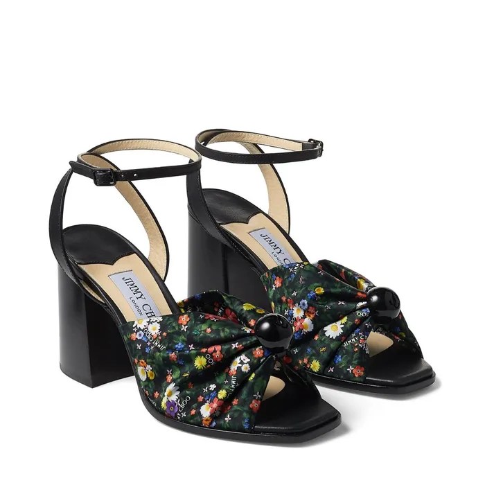 Jasie 85 Black Vachetta Leather Sandals With Multicolour DitsyPrint Silk Strap Multiblack Women JIMMY CHOO Sandals