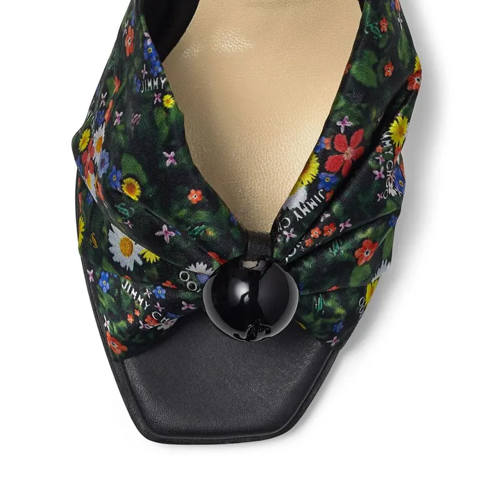 Jasie 85 Black Vachetta Leather Sandals With Multicolour DitsyPrint Silk Strap Multiblack Women JIMMY CHOO Sandals